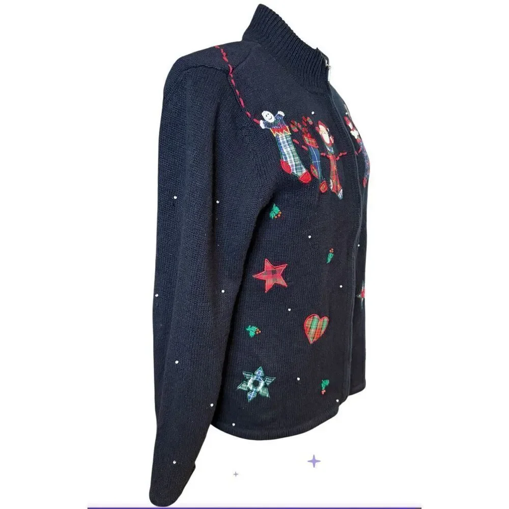 Pappagallo Christmas Cardigan Sz. M Full Zip High Collar Ugly Christmas Sweater
